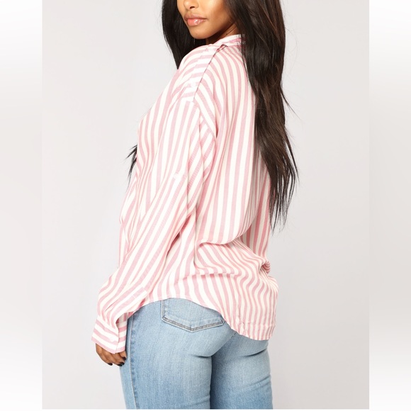 Fashion Nova | pink white strip long sleeve button up blouse top | Large | NWT - Picture 3 of 7